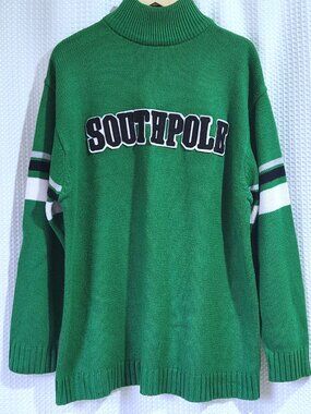 Vintage Southpole Knit Sweater Mens XL Green Spell Out Logo Mock Neck Y2K Skater